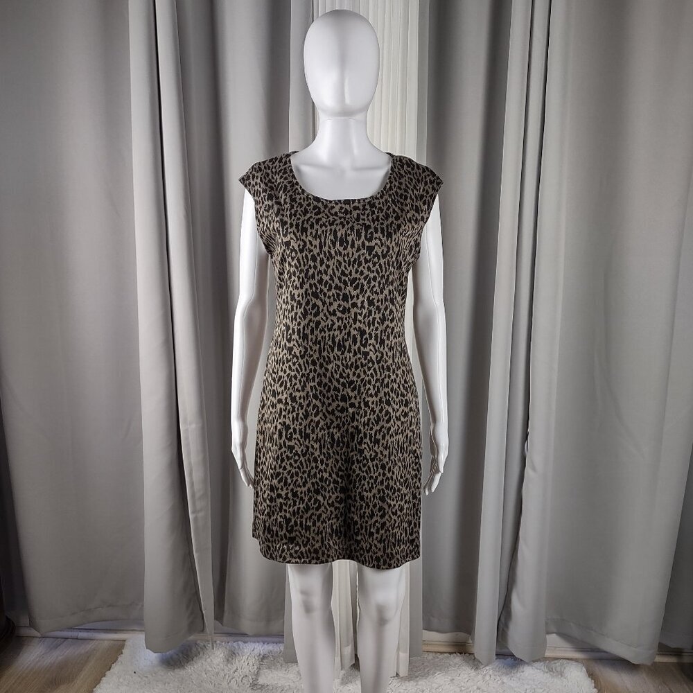 Nine West Leopard Print Ponte Sheath Dress Cap Sleeve Stretch Knee Length Size M - Picture 1 of 11